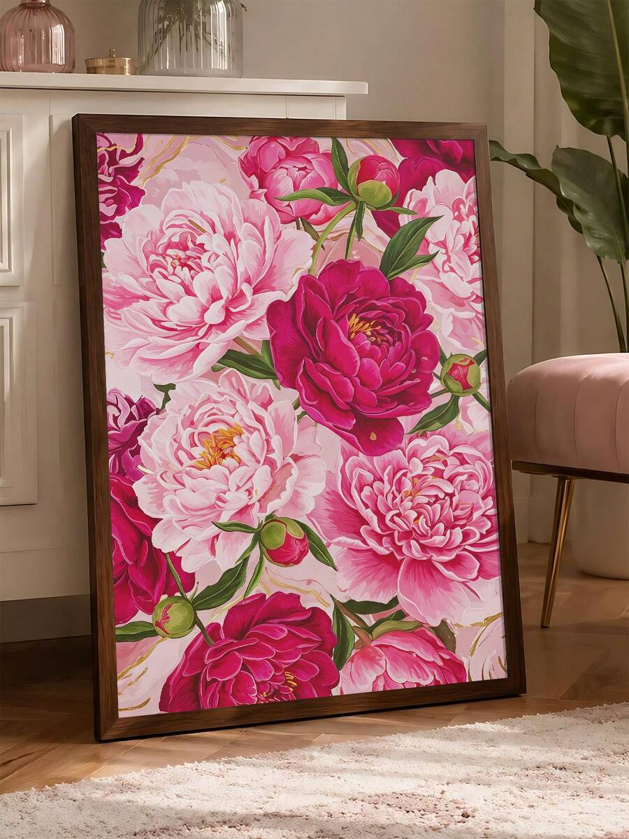 Pink lily canvas wall art with open flowers and buds against a deep olive green background