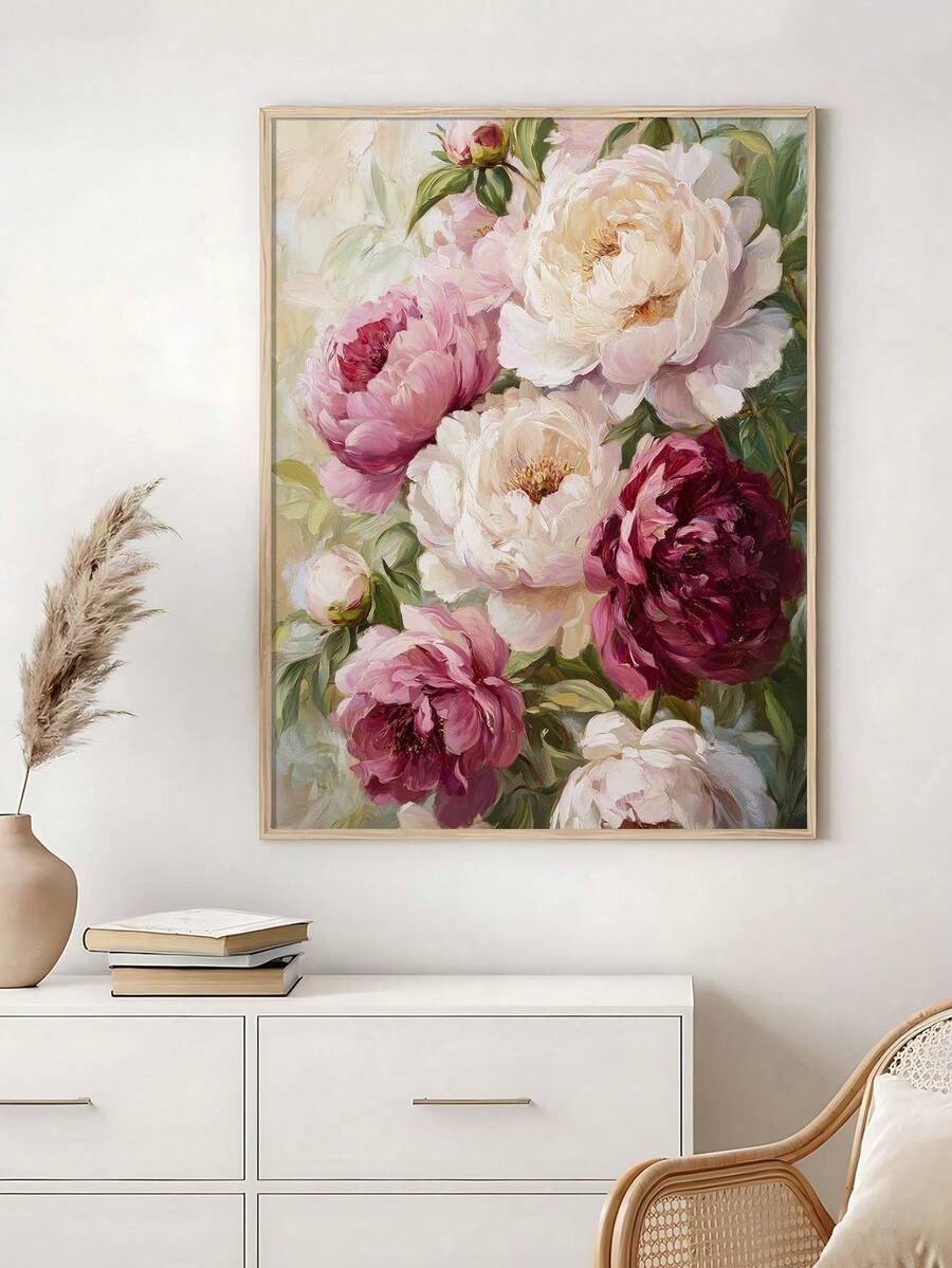 Textured floral canvas poster with pink, white, burgundy, and magenta blossoms in a black frame