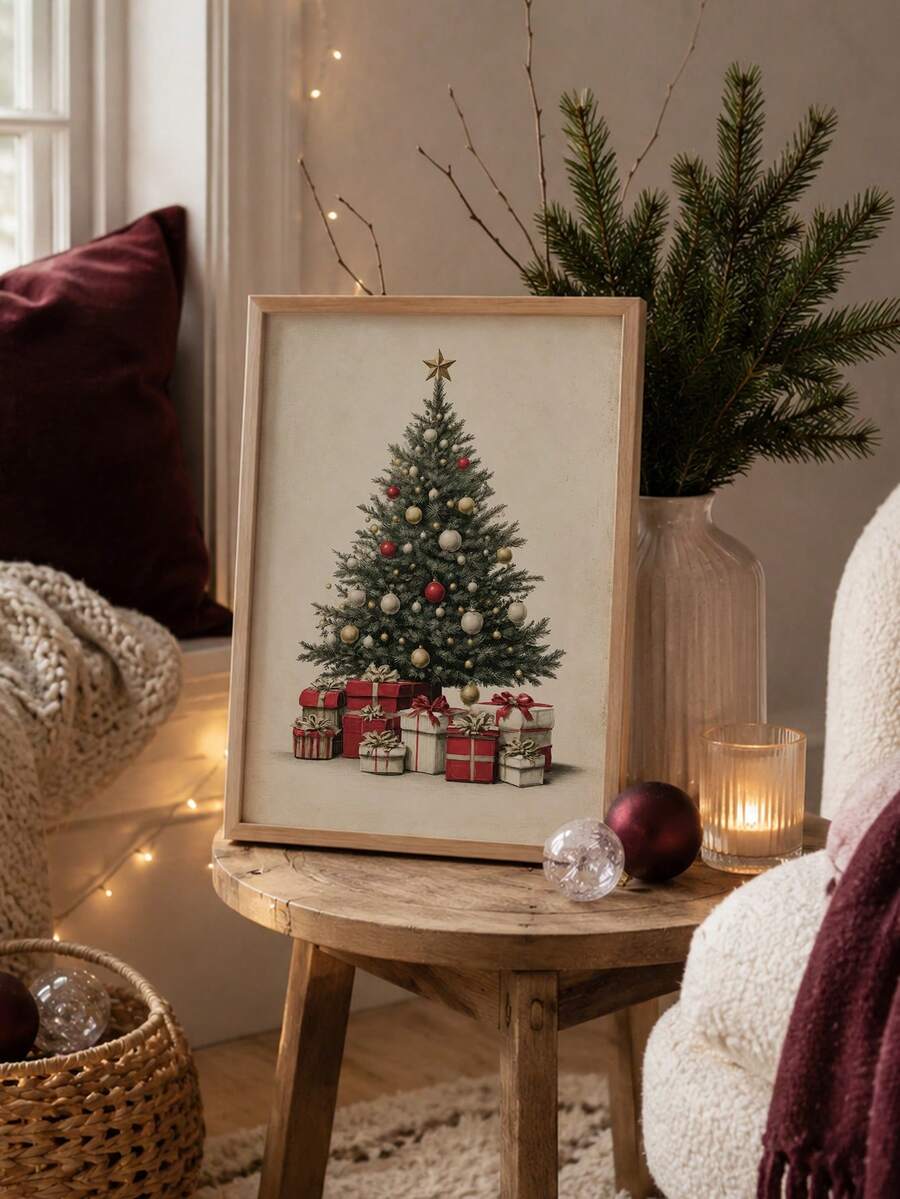 Vintage Christmas Tree & Gift Box Antique Holiday Canvas Poster 
