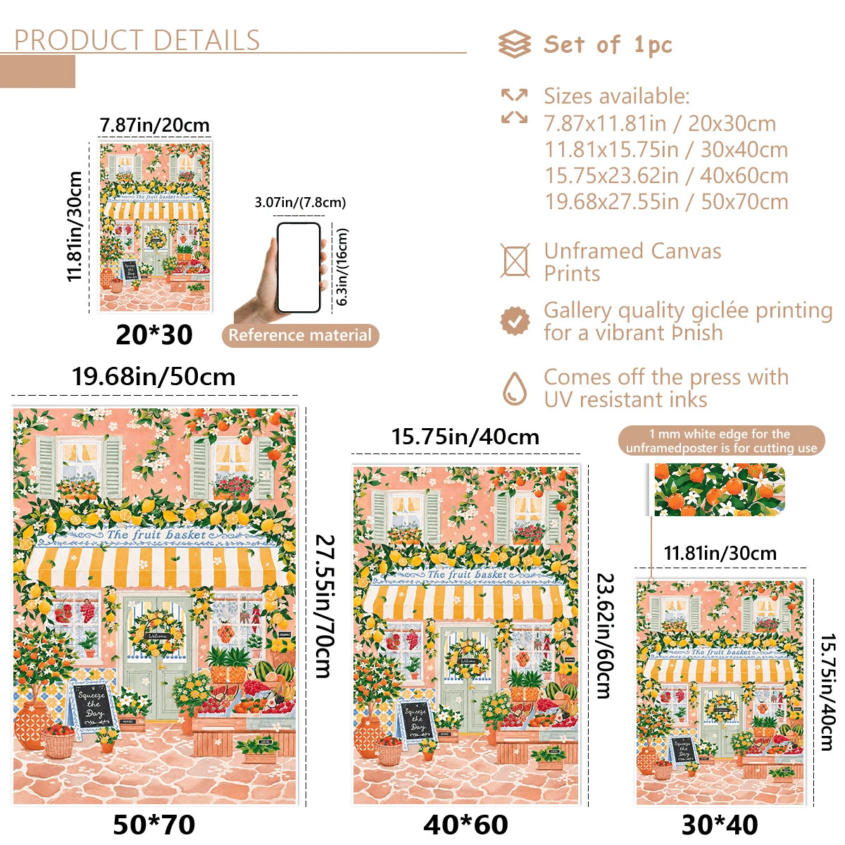 Size guide for Mediterranean fruit basket canvas poster