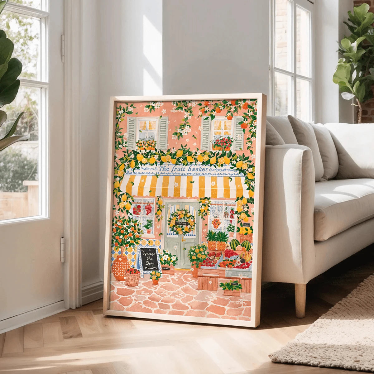 Mediterranean fruit canvas poster in a sunlit living room