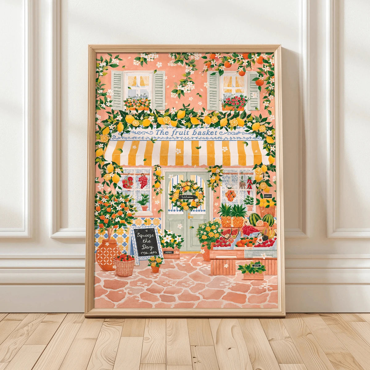 Lemon fruit market canvas art in a bright interior