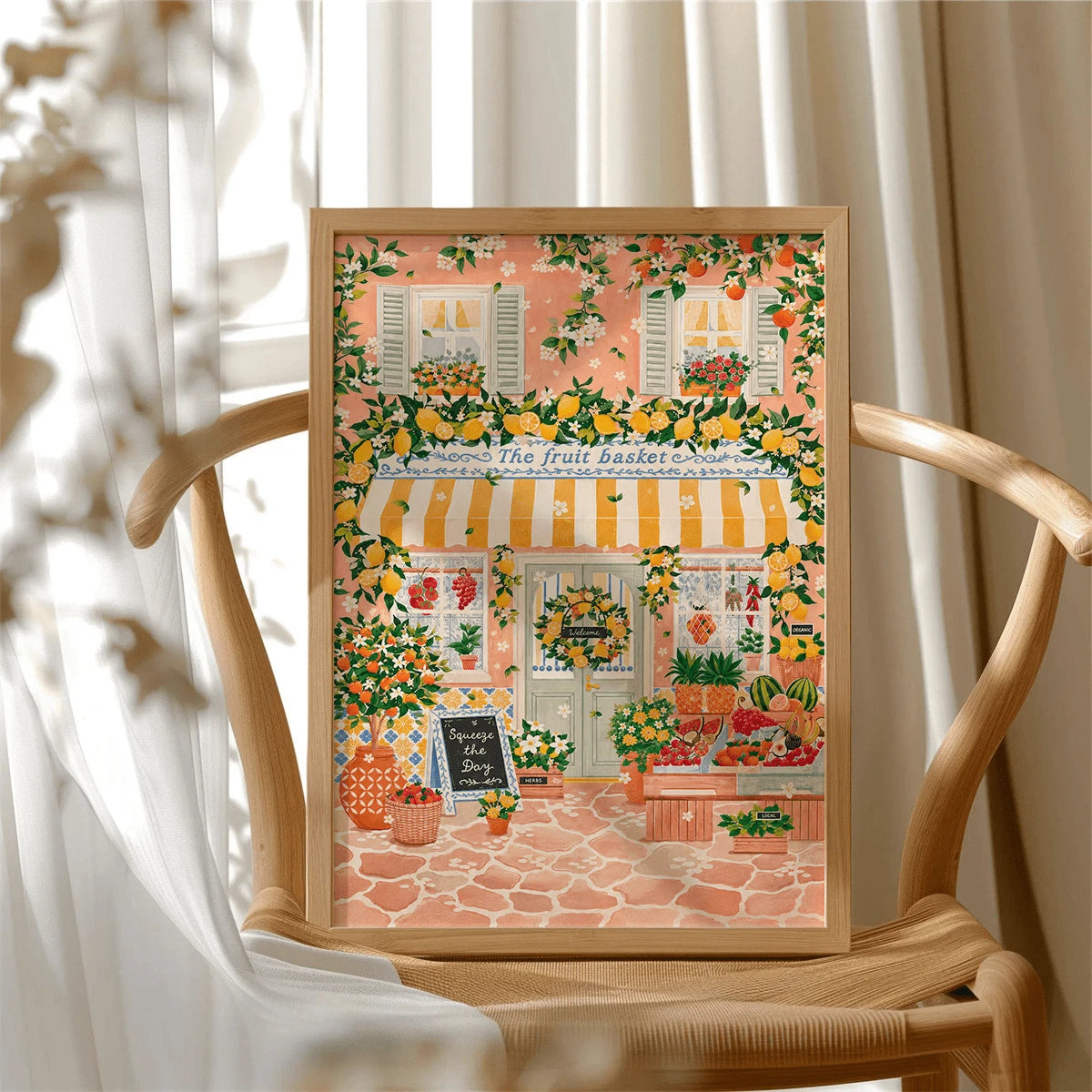 Citrus storefront poster displayed on a curved wood chair