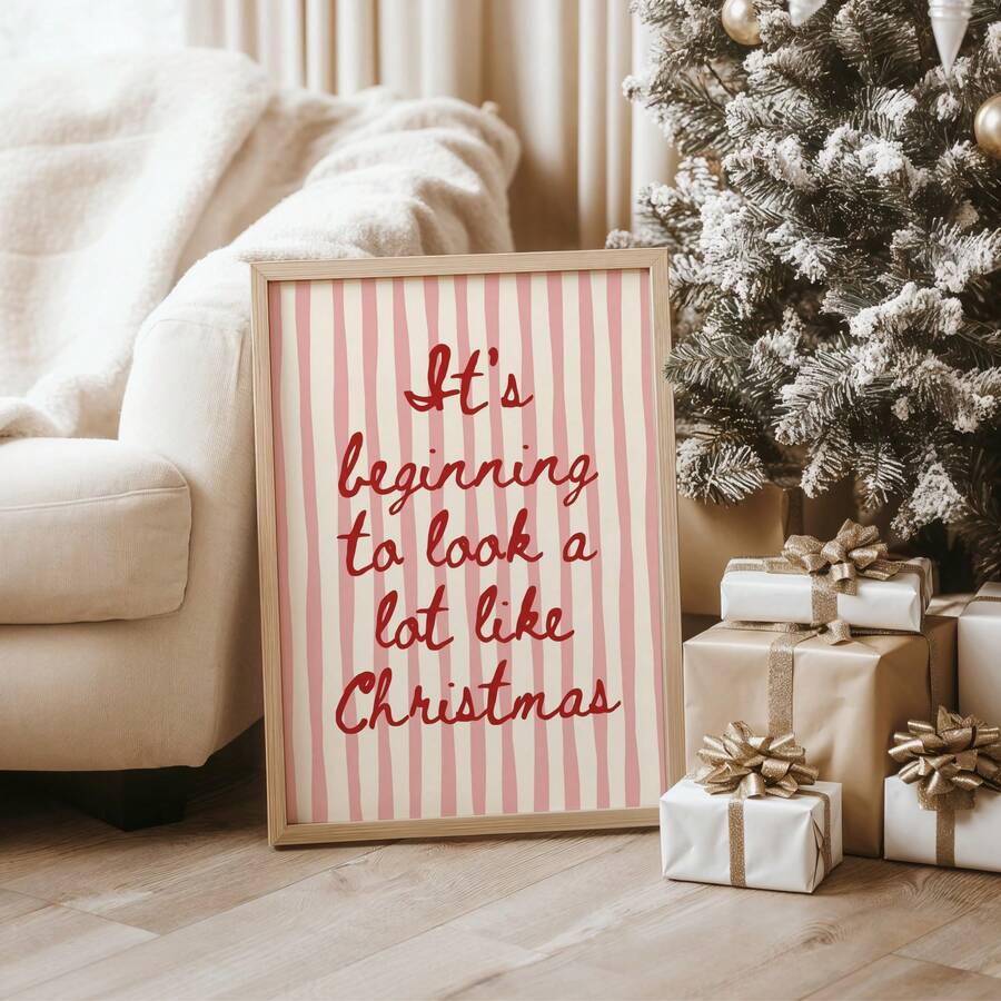 Striped "Merry Christmas" Vintage Pink & Red Preppy Xmas Canvas Poster