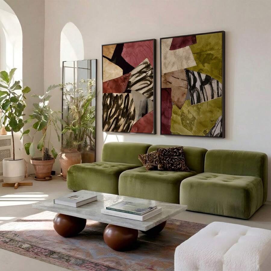 Olive and burgundy abstract canvas set above a green sectional sofa