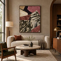 Single abstract panel with painterly black marks above a beige sofa
