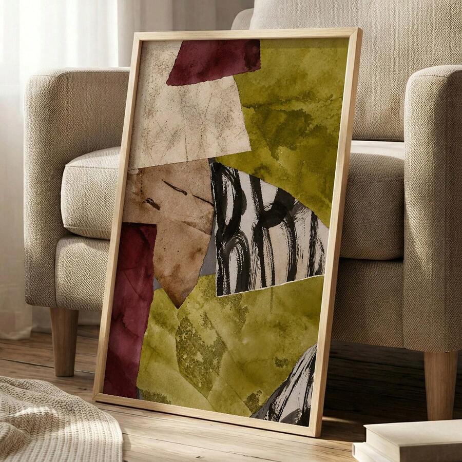 Burgundy-led abstract collage print displayed above a cream sofa