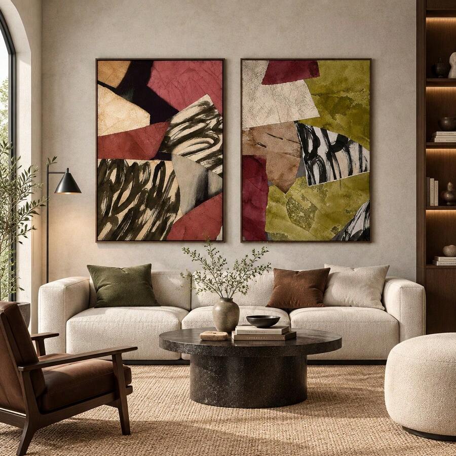 Pair of geometric collage prints framed above a neutral living room sofa