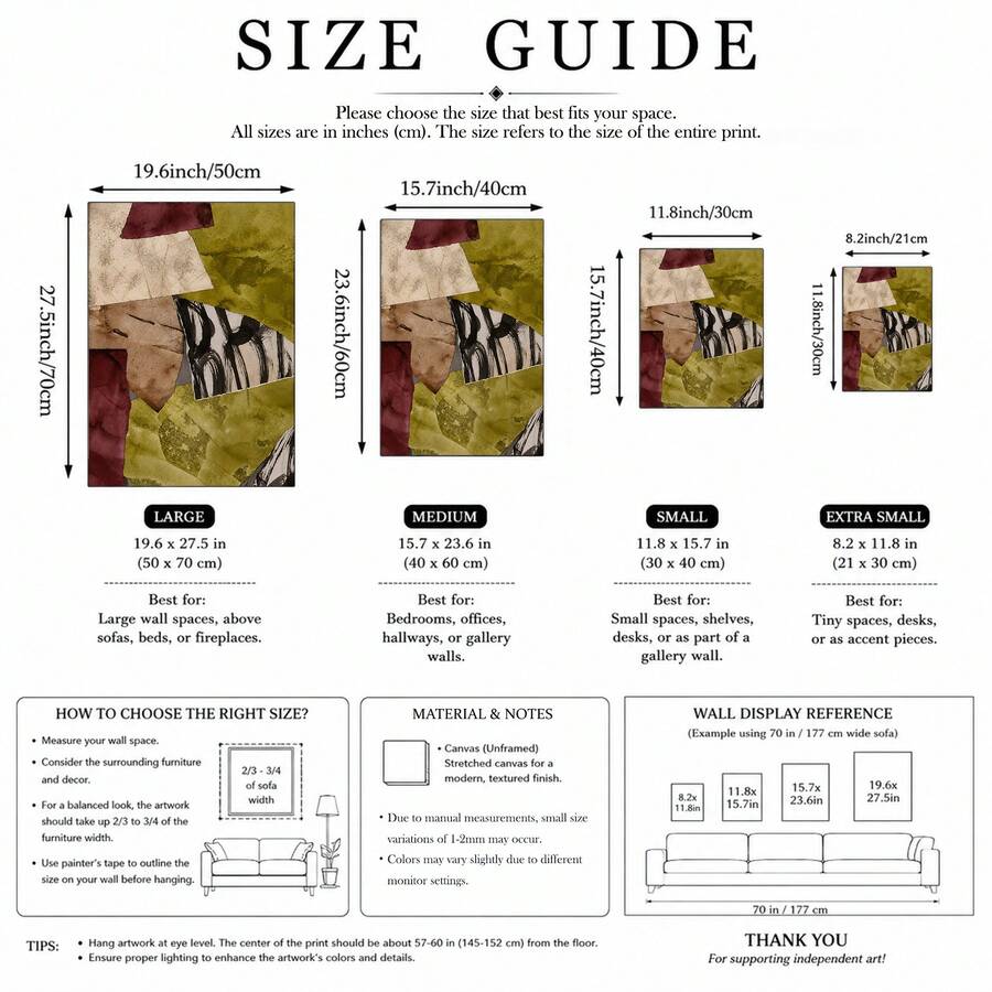 Size guide showing four sizes for the olive and burgundy abstract artwork