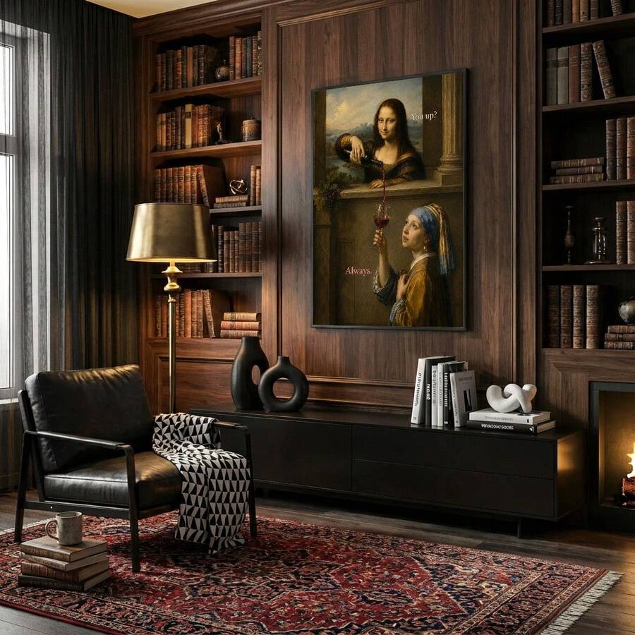 Funny Mona Lisa & Girl with a Pearl Earring Wine Parody Canvas Poster 