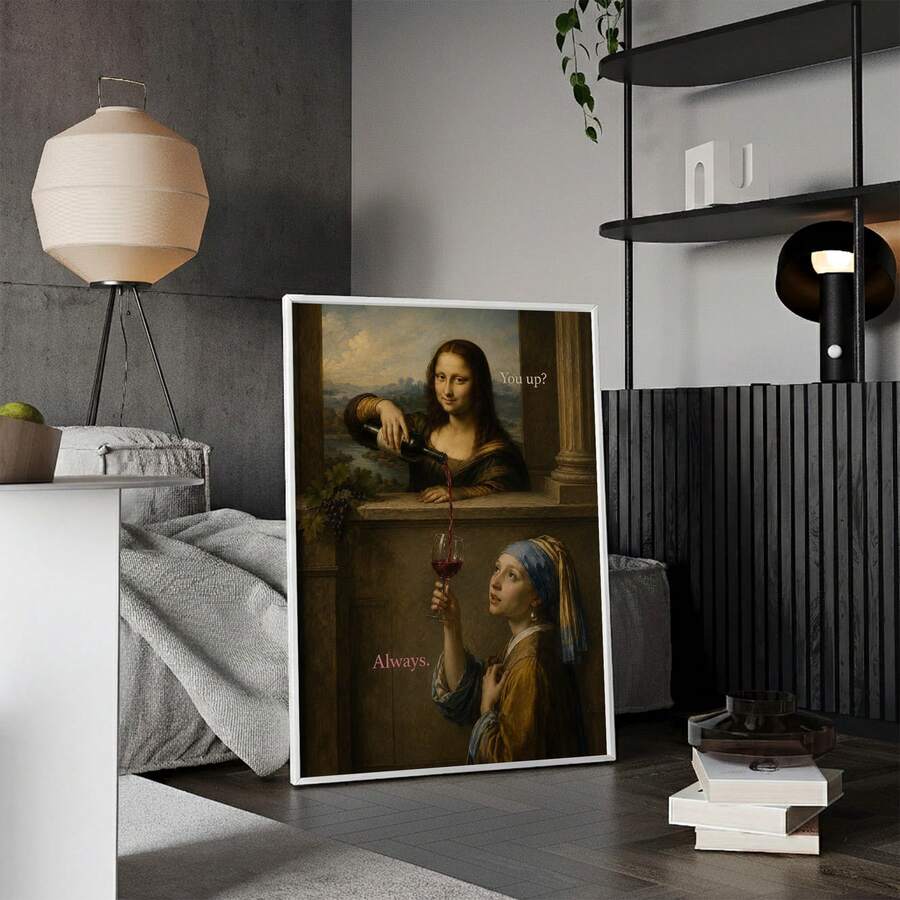 Funny Mona Lisa & Girl with a Pearl Earring Wine Parody Canvas Poster 