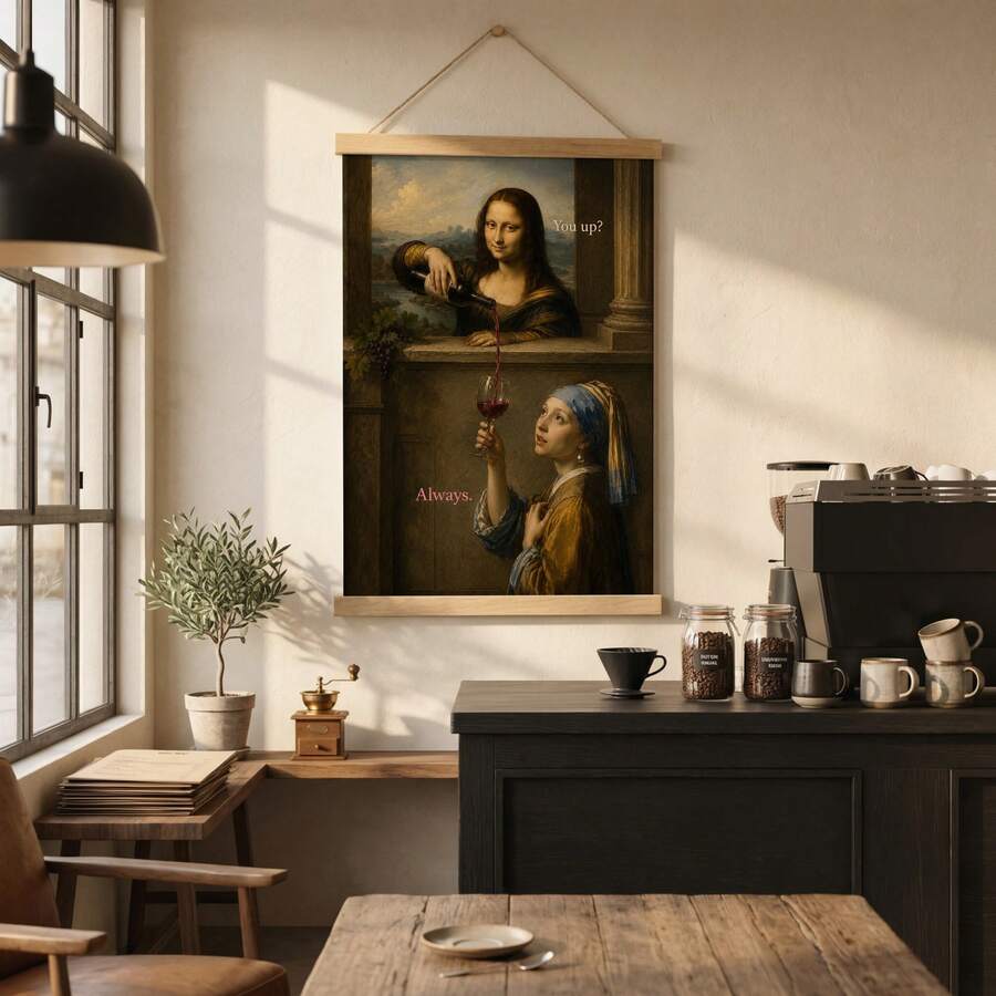 Funny Mona Lisa & Girl with a Pearl Earring Wine Parody Canvas Poster 
