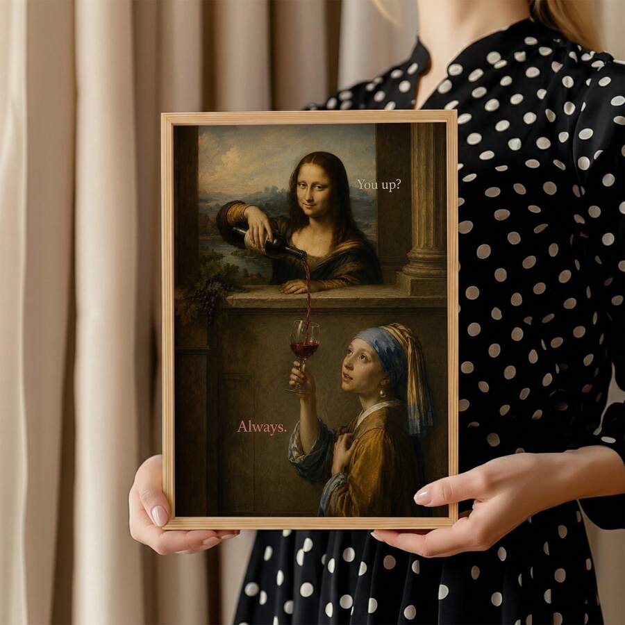 Funny Mona Lisa & Girl with a Pearl Earring Wine Parody Canvas Poster 