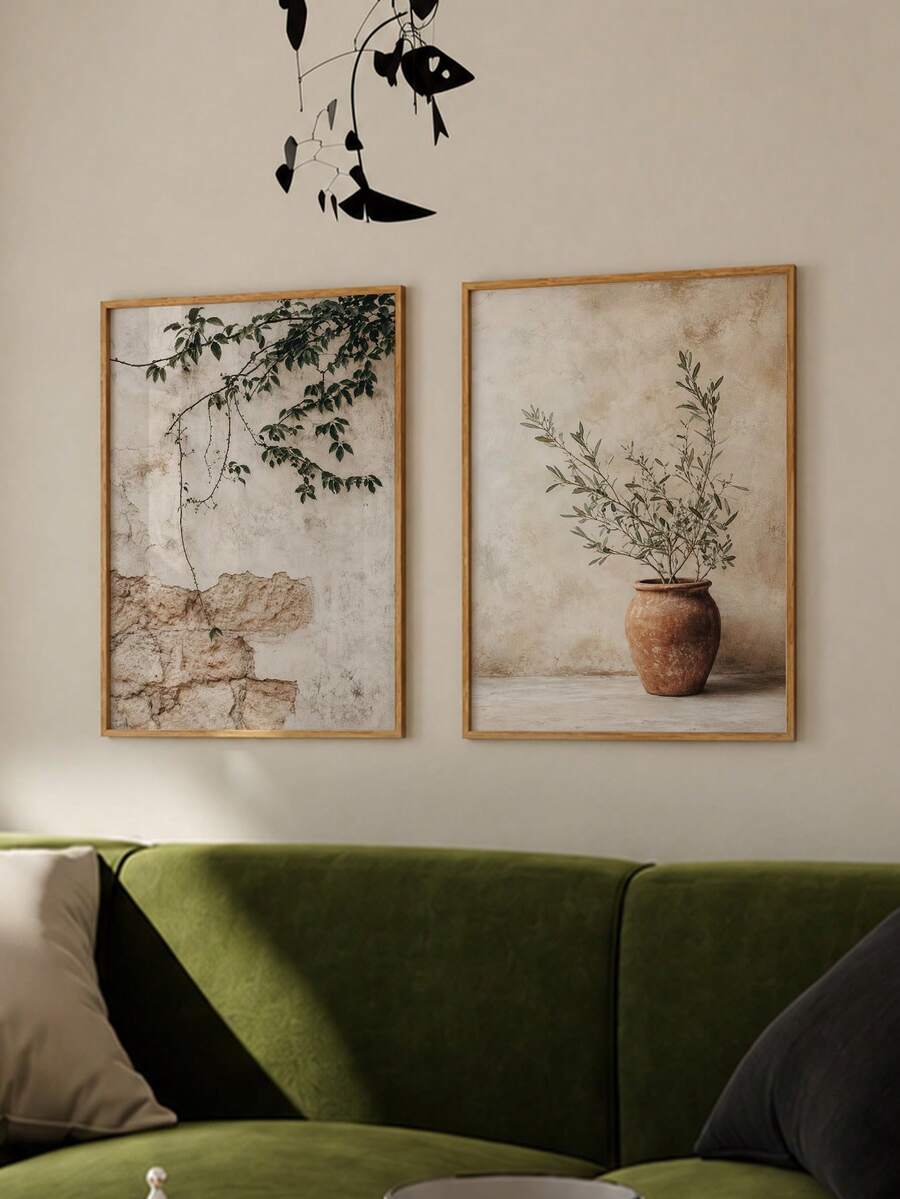 Neutral Botanical Terracotta Vase & Olive Branch Wabi-Sabi Canvas Poster Set 