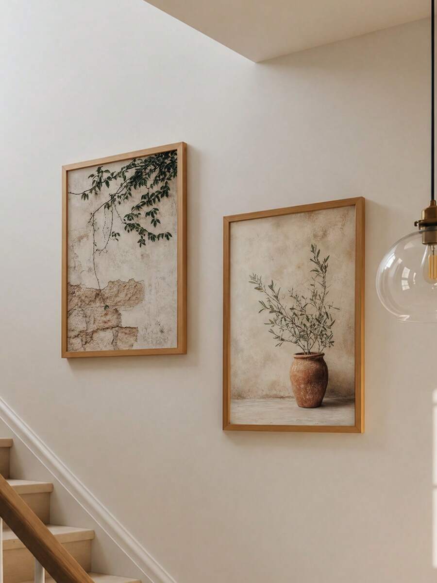 Neutral Botanical Terracotta Vase & Olive Branch Wabi-Sabi Canvas Poster Set 