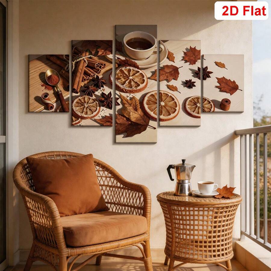 Autumn spice and dried citrus five-piece wall art in a warm living room