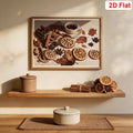 Close view of framed autumn coffee poster with citrus and leaves