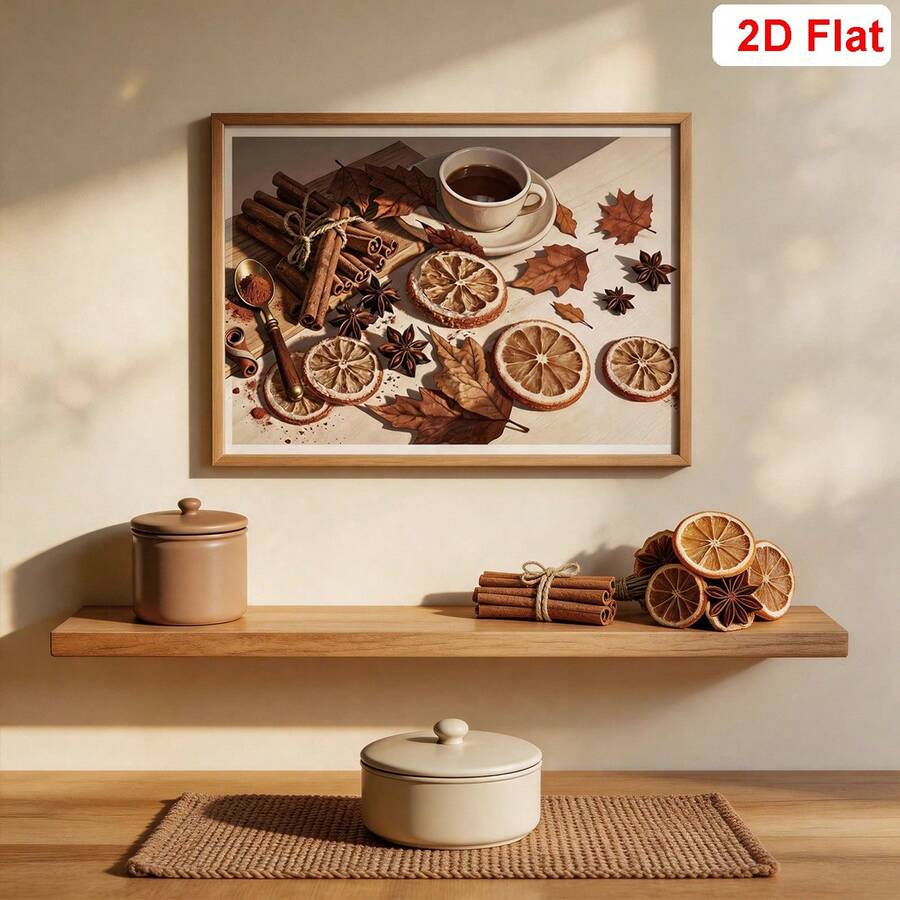 Close view of framed autumn coffee poster with citrus and leaves