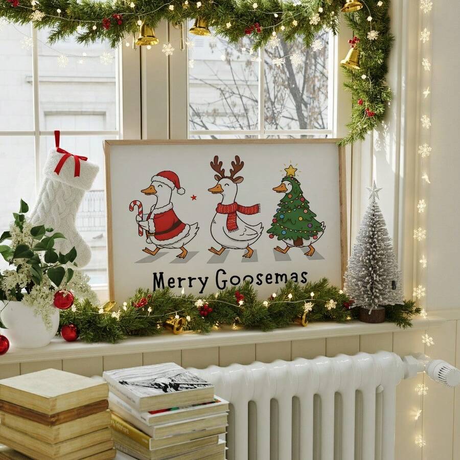 Funny Christmas Silly Goose in Santa Hat Quirky Retro Canvas Poster 