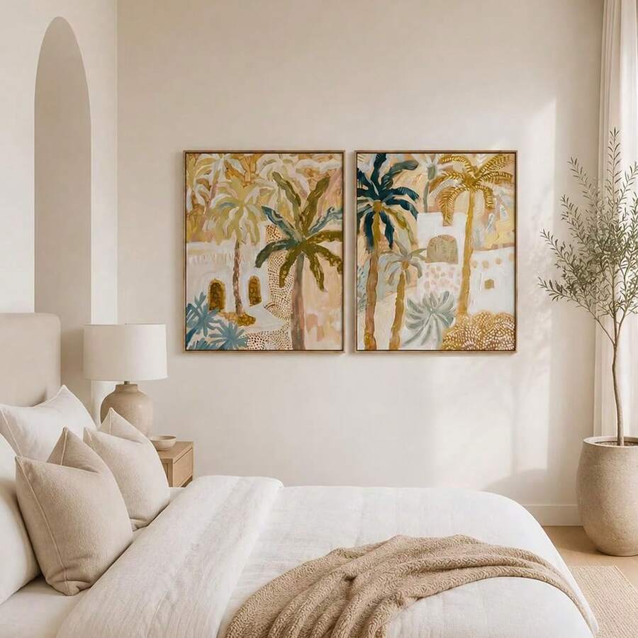 Boho Terracotta Palm Tree Abstract Tropical Botanical Canvas Poster Set 