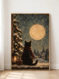 Vintage Black Cat in Scarf Snowy Winter Night & Full Moon Canvas Poster 