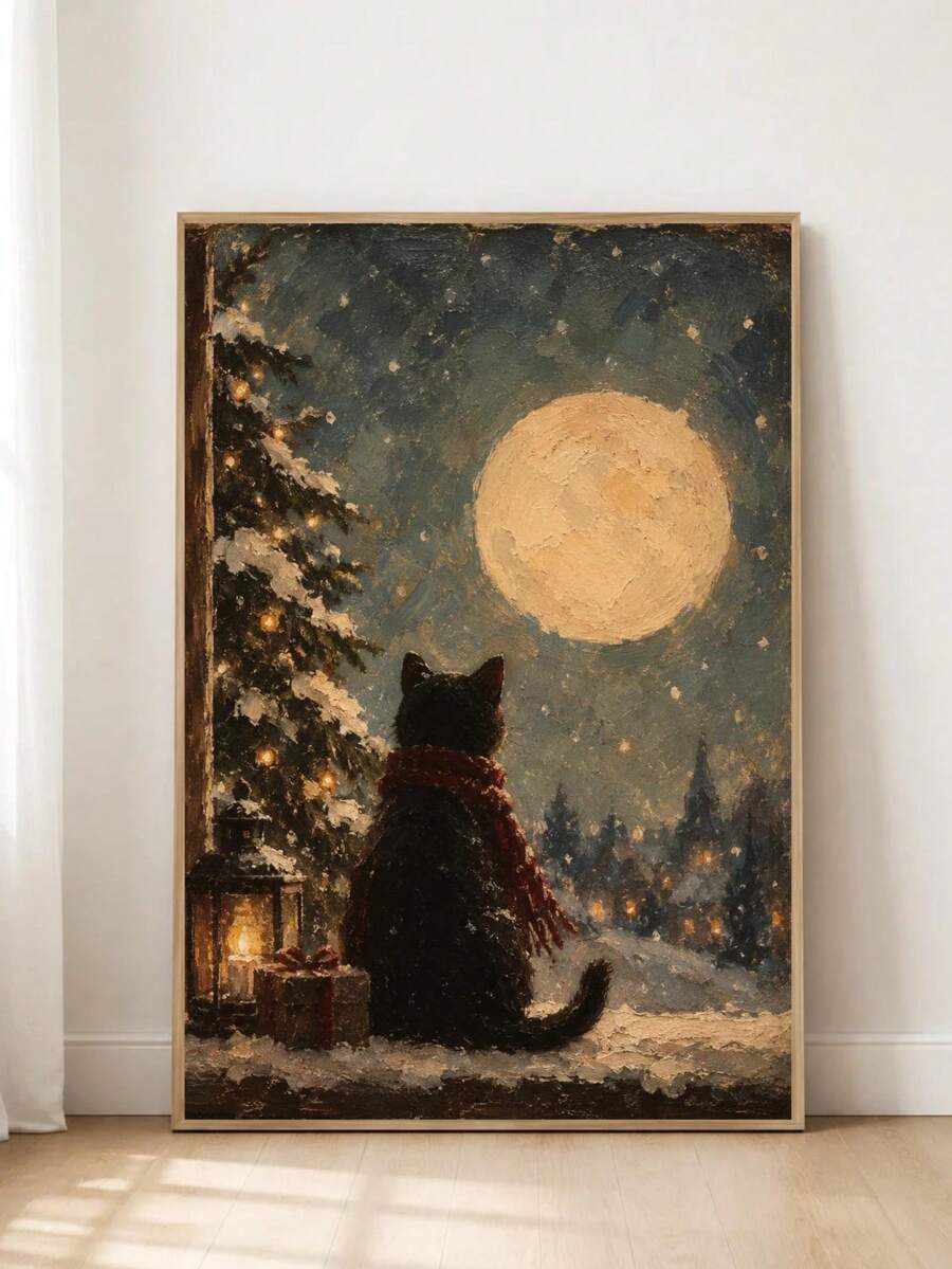 Vintage Black Cat in Scarf Snowy Winter Night & Full Moon Canvas Poster 