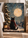 Vintage Black Cat in Scarf Snowy Winter Night & Full Moon Canvas Poster 
