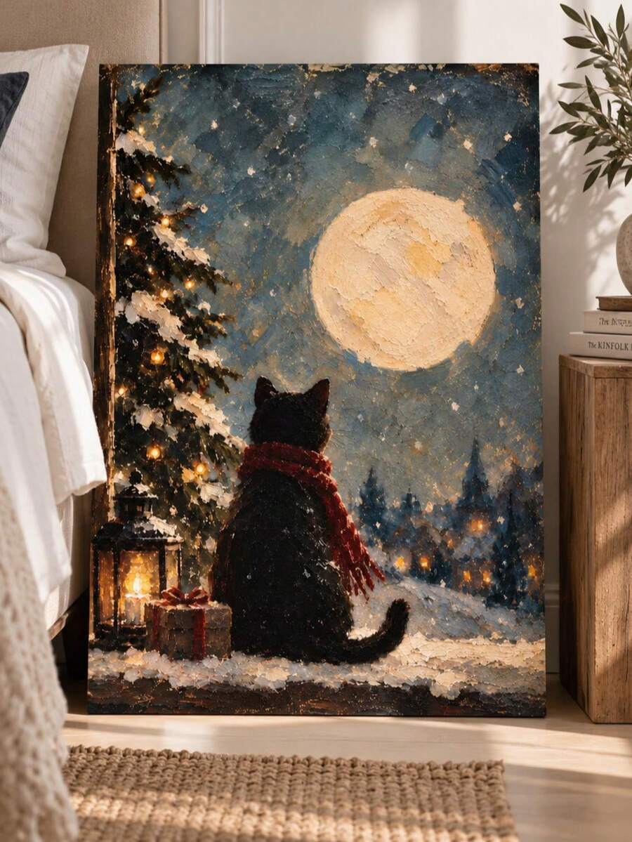 Vintage Black Cat in Scarf Snowy Winter Night & Full Moon Canvas Poster 