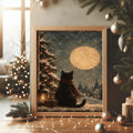 Vintage Black Cat in Scarf Snowy Winter Night & Full Moon Canvas Poster 