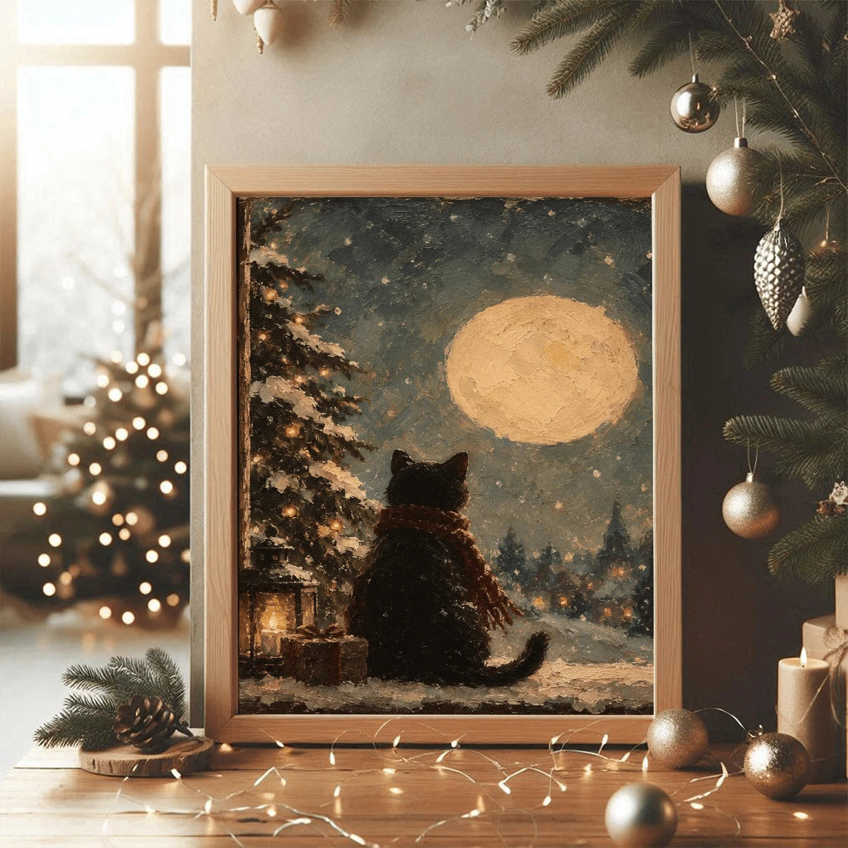 Vintage Black Cat in Scarf Snowy Winter Night & Full Moon Canvas Poster 