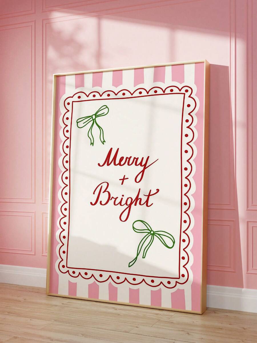 "Merry & Bright" Vintage Pink Girly Christmas Holiday Canvas Poster