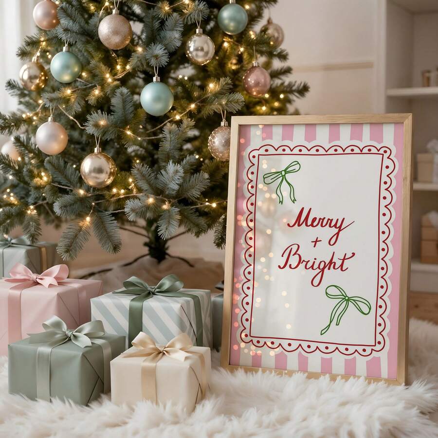 "Merry & Bright" Vintage Pink Girly Christmas Holiday Canvas Poster