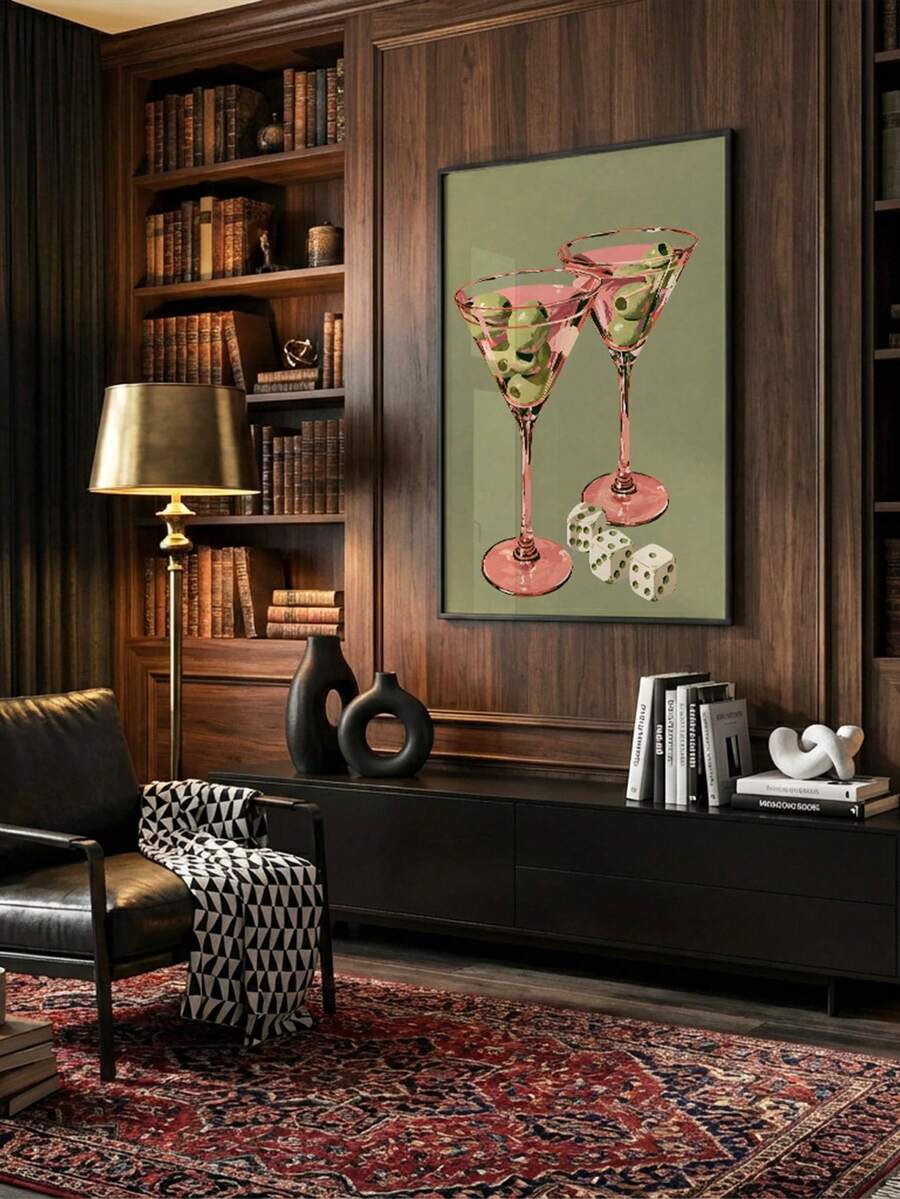 Add 70s charm to your home with retro pink martini canvas wall art featuring green olives and dice, perfect for kitchens and home bars.