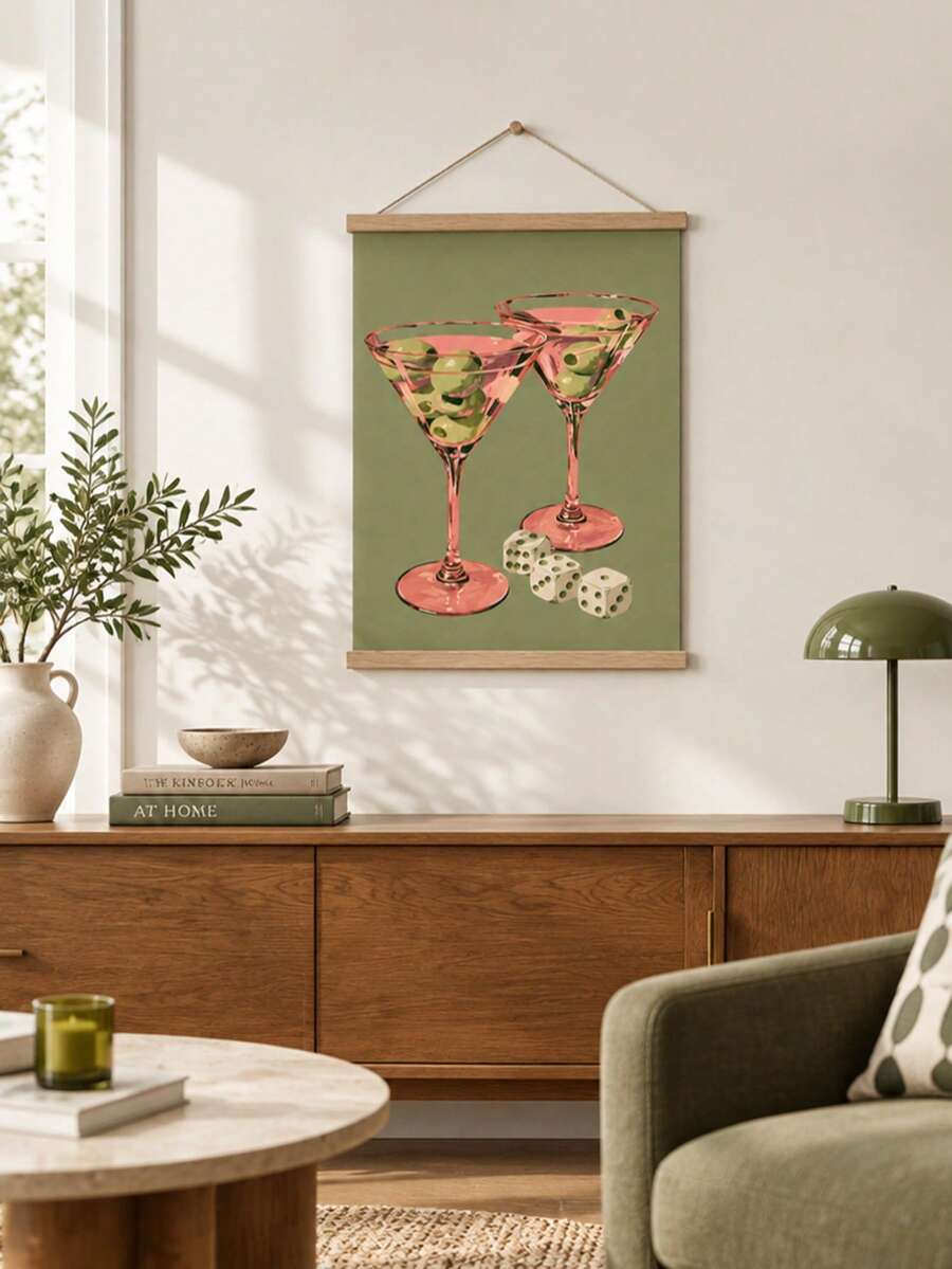 Add 70s charm to your home with retro pink martini canvas wall art featuring green olives and dice, perfect for kitchens and home bars.