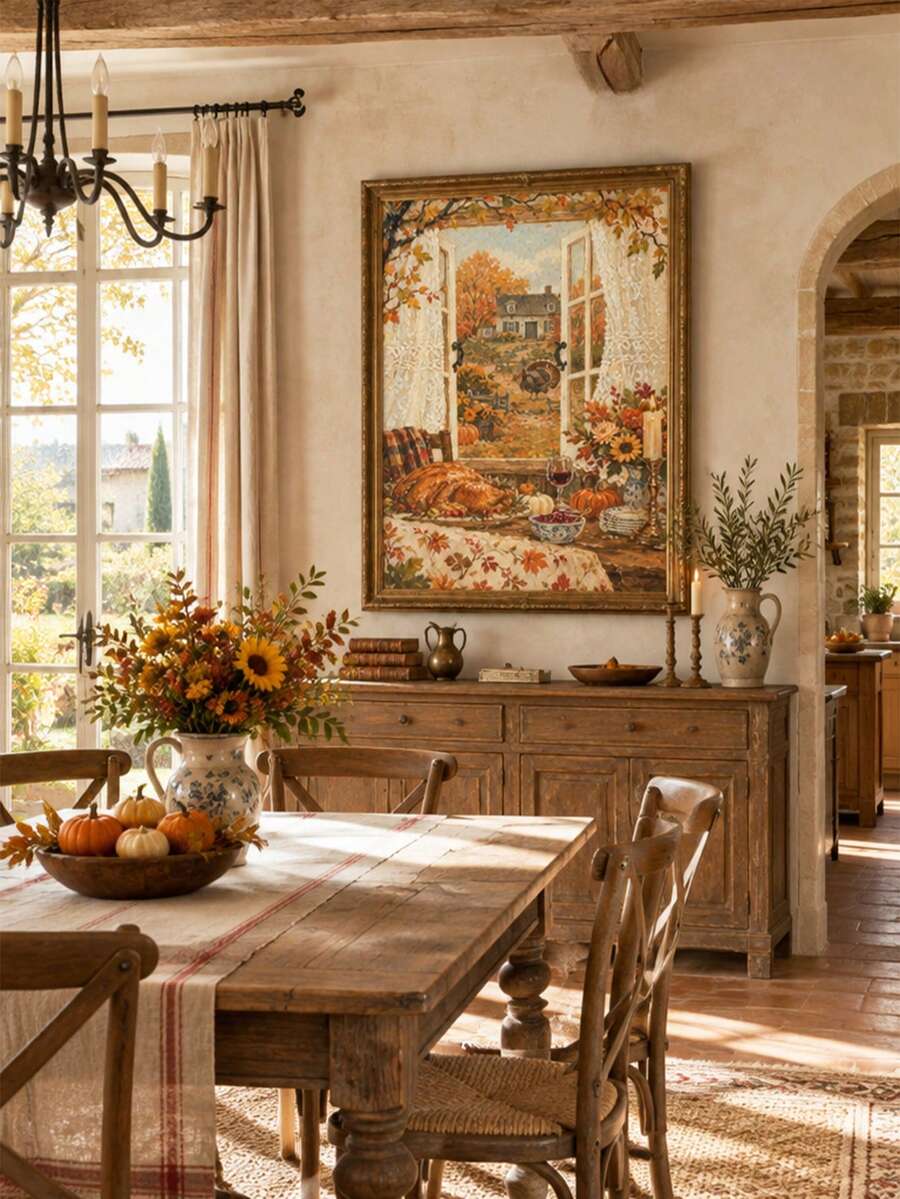 Vintage Thanksgiving Turkey Farmhouse Rustic Autumn Window Scene Canvas Poster