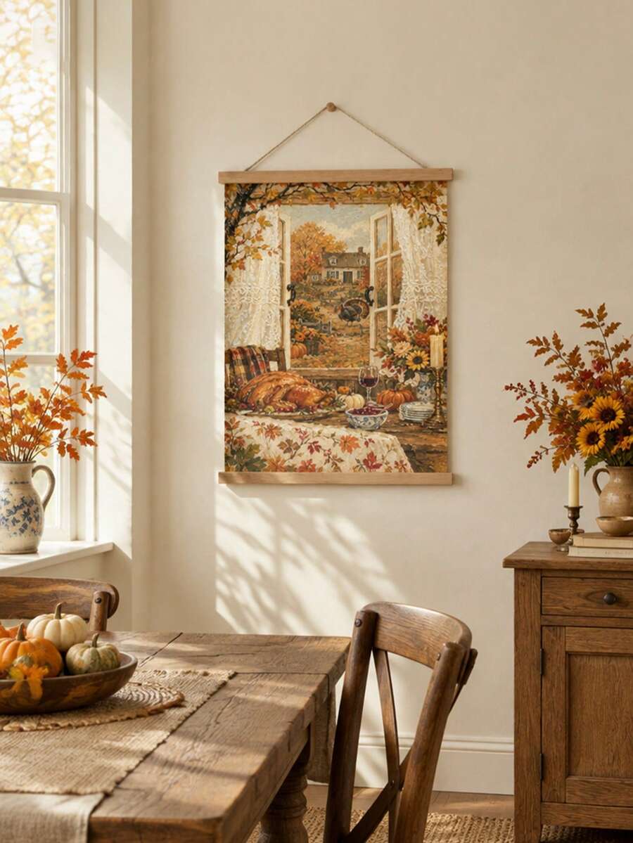 Vintage Thanksgiving Turkey Farmhouse Rustic Autumn Window Scene Canvas Poster