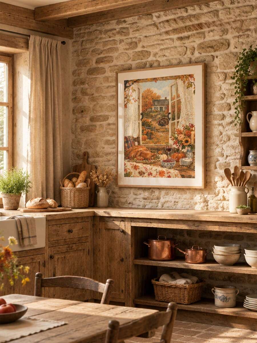 Vintage Thanksgiving Turkey Farmhouse Rustic Autumn Window Scene Canvas Poster
