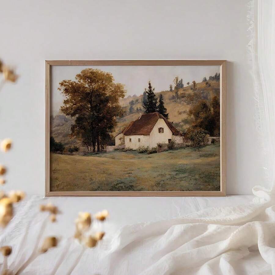 Vintage autumn cottage canvas artwork with cream farmhouse beneath russet trees