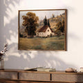 Rustic autumn cottage wall art with rolling golden hills in a wood frame