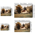 Canvas print size guide showing four autumn cottage artwork dimensions