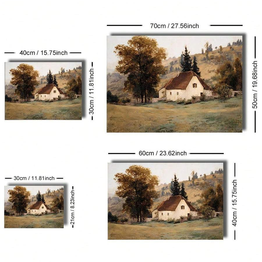 Canvas print size guide showing four autumn cottage artwork dimensions