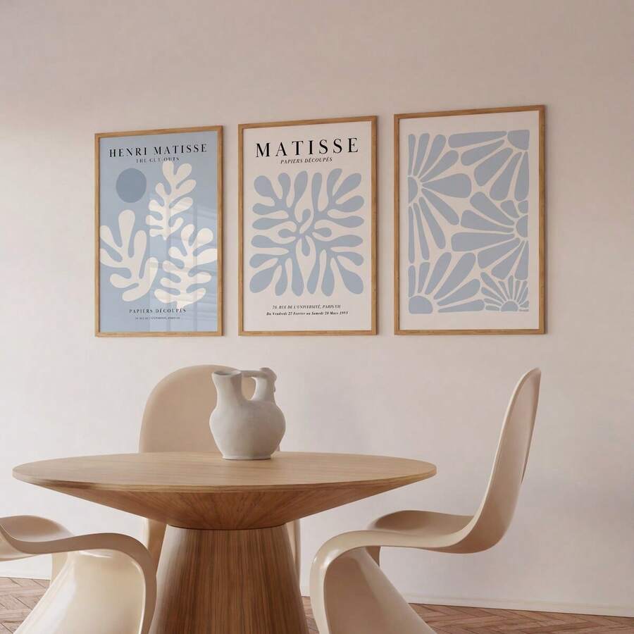 3Pcs Light Blue Matisse Cut-Out Abstract Leaf Boho Minimalist Exhibition Canvas Poster 