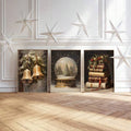 3Pcs Vintage Dark Moody Christmas Golden Bells Snow Globe & Stacked Books Canvas Poster