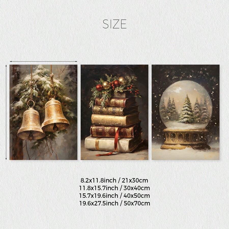 3Pcs Vintage Dark Moody Christmas Golden Bells Snow Globe & Stacked Books Canvas Poster