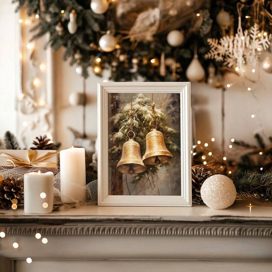 3Pcs Vintage Dark Moody Christmas Golden Bells Snow Globe & Stacked Books Canvas Poster