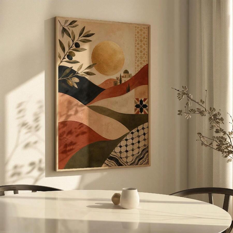 Framed olive branch canvas poster with ochre sun, terracotta hills and geometric motifs leaning against a paneled wall