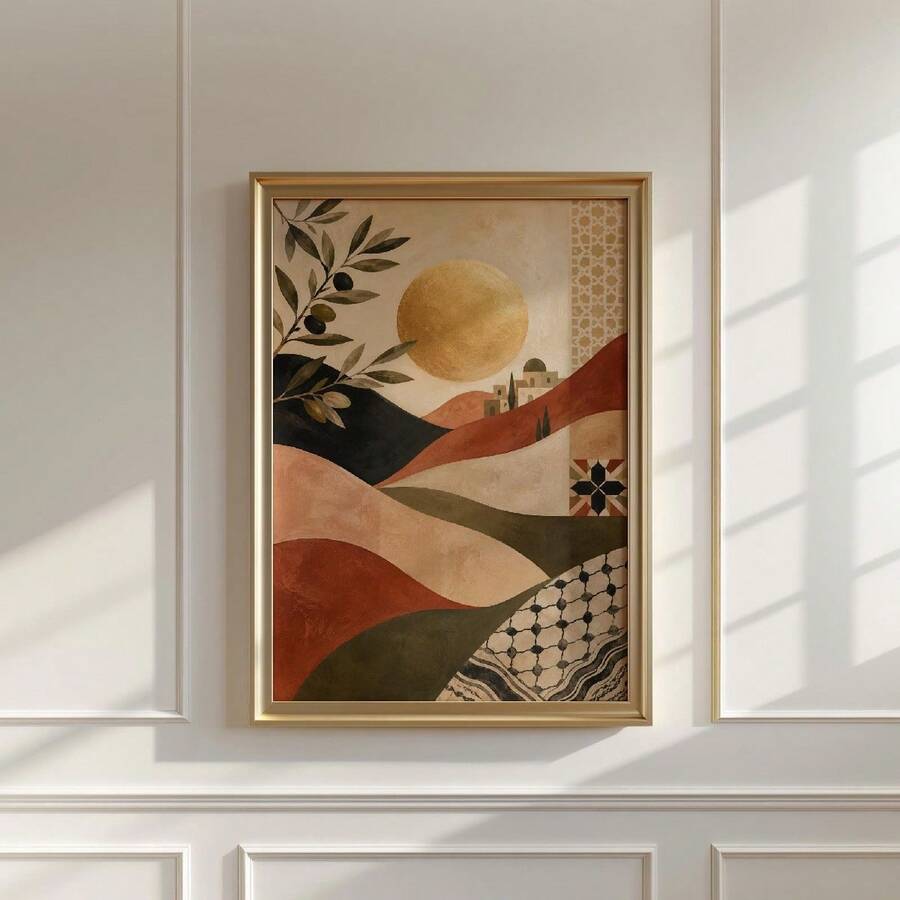 Gold-toned framed earth tone landscape poster with olive branches and star tile detail on a paneled wall
