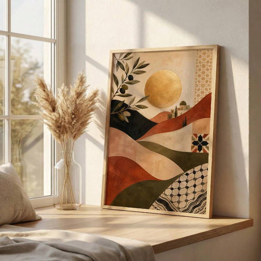 Earth tone olive branch landscape print leaning on a window bench beside a vase of dried grasses