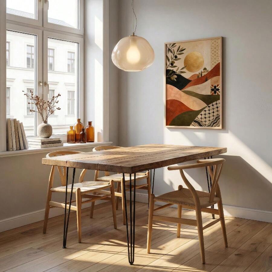 Olive branch geometric canvas poster in a bright dining room with wooden table and woven chairs