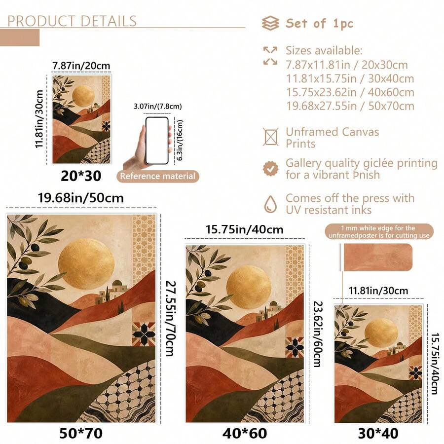Size guide for olive branch canvas poster showing four unframed dimensions from 20 by 30 to 50 by 70 centimeters